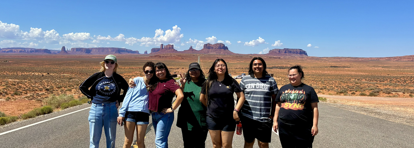 Group of TRIO students standing on a famous stretch of road looking excited in the middle of the road. Don't try this at home.